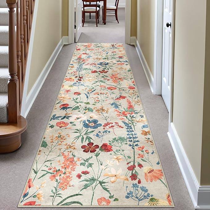 Floral Runner Rug 2x8 Washable Hallway Long Beige Bedroom Carpet Non Slip Indoor Boho Kitchen Low Pile Accent Rug Lightweight Soft for Bathroom Dining Laundry Living Room