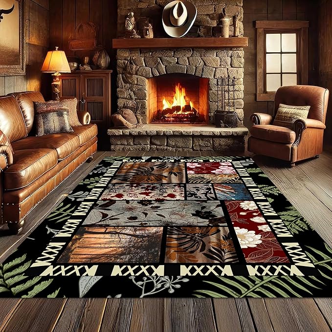 Vintage Jungle Floral Area Rug 3x5ft, Tropical Leaf Print Low Pile Carpet, Washable Non-Slip & Soft Mat for Bedroom, Living Room, Dining Room, Playroom