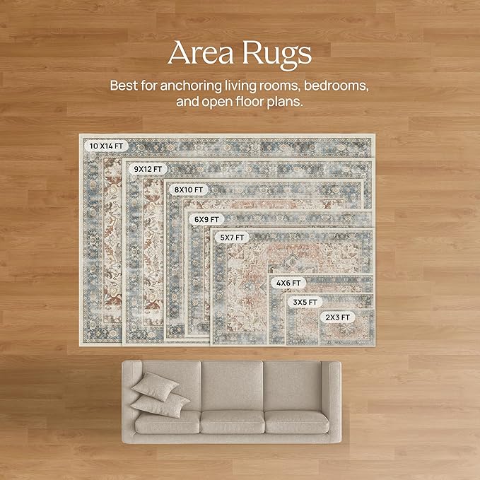 RUGGABLE Washable Vintage Area Rug – Verena Teal Blue 9x12, Stain-Resistant, Non-Slip – Large Machine Washable Rugs for Living Room, Bedroom, Hallway, Entryway & Office–with Cushioned Pad