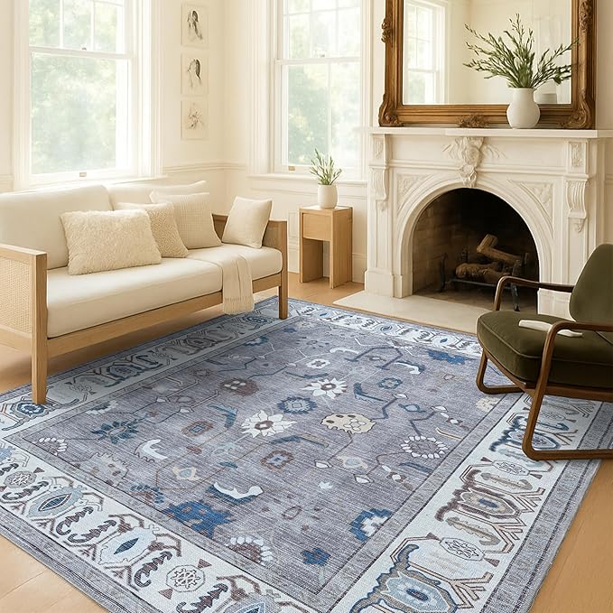 Fame Living Grey Oushak Rug, Modern Rugs, Vintage, Turkish, Eclectic, Floral, Pastel, Washable, Small Throw, Accent Area Rug for Living Room, Bedroom, Kitchen, Bathroom, 2'5"x4'9