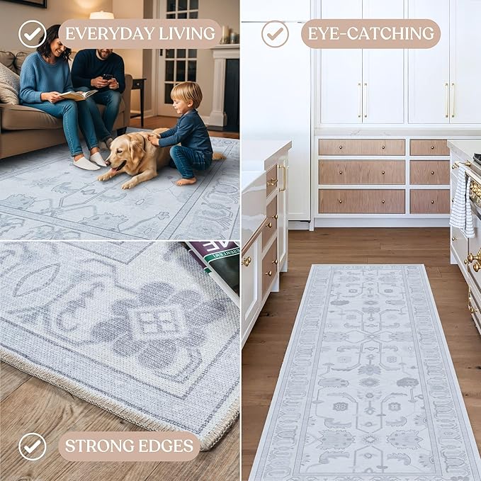 Beige Oushak Rug, Modern, Vintage, Turkish, Eclectic, Floral, Pastel, Washable, Area Rugs for Living Room, Dining, Bedroom, Nursery, Girls, Boys, 5'9"x8'9"