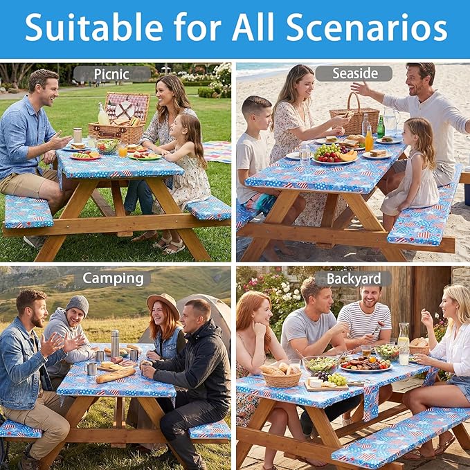 Picnic Table Cover with Bench Covers 6 Feet Water Proof Camping Table Clothes with Elastic Edges Rv Patio Equipment for Outside Campers Car Travel Gadgets Funny Gift for Who Have Everything