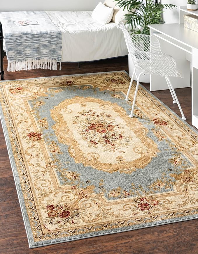 Rugs.com Chateau Collection Rug – 9' x 12' Light Blue Medium Rug Perfect for Living Rooms, Large Dining Rooms, Open Floorplans