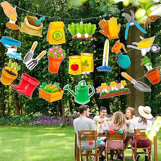 3Pcs Gardening Tool Banners Garden Birthday Party Decorations Garden Tool Theme Banner Garlands Hanging Decorations for Spring Theme Birthday Party Baby Shower Supplies