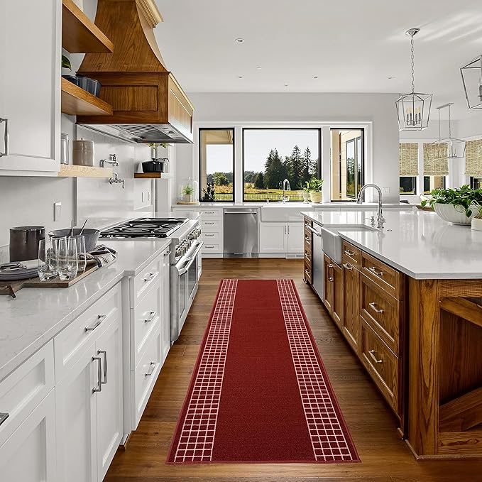 Custom Made Runner Rug for Kitchen Foyer Hallway Entry Choose Your Length 31 Inch Wide Geometric Checkered Design Red Color (29 feet x 31 Inch)