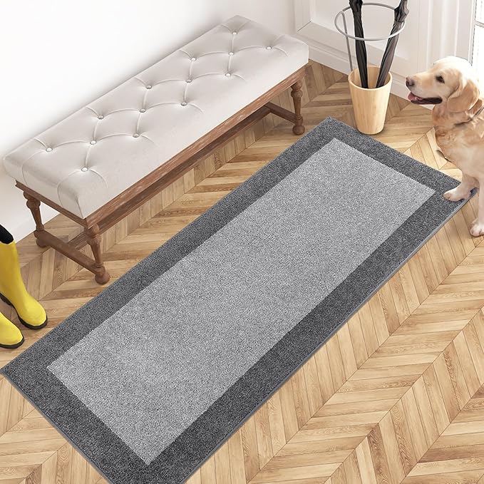 PURRUGS Dirt Trapping Door Mat 24" x 60", Non-Slip/Skid Machine Washable Entryway Rug, Shoes Scraper, Throw Rug, Super Absorbent Area Rug for Muddy Wet Shoes and Paws, Light Grey & Grey