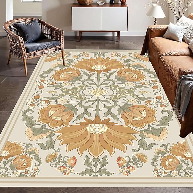 Abstract Sunflower Area Rugs, 6x8ft, Traditional Rustic Vintage Tropical Floral Theme Beige Farmhouse Boho Carpet, Shaggy Low Pile Fade Resistant Home Goods Rug for Living Room Kitchen