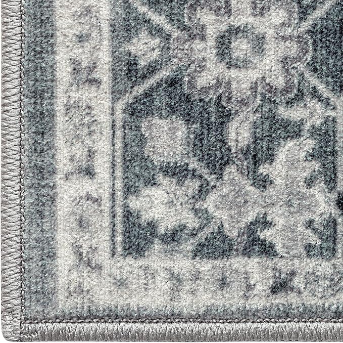 DEXI 4x6 Area Rug for Living Room, Washable Vintage Farmhouse Thin Rug Indoor Floor, Non Slip Stain Resistant Low Pile Carpet for Dining Room Bedroom Office, Blue Grey