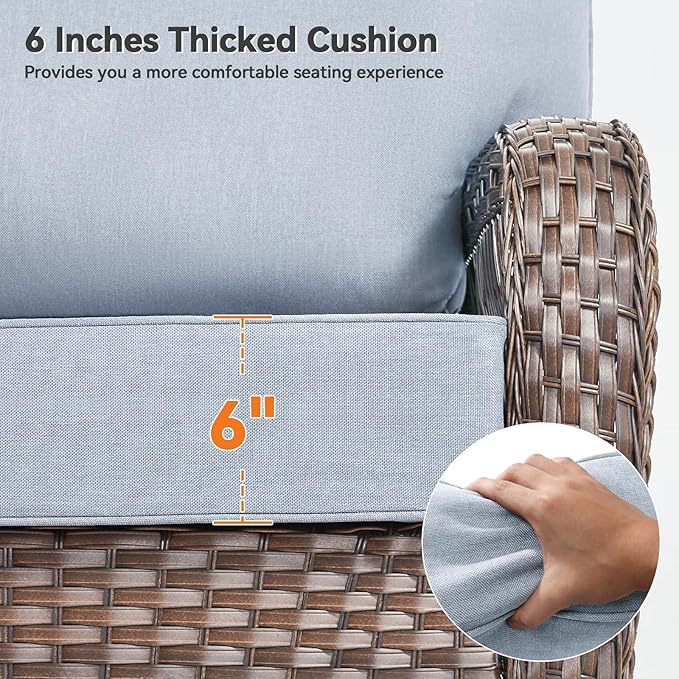 Luxury 6" Outdoor Cushions for Patio Furniture, 24x24x6" Thick Seat Cushion Set of 6, Fade Resistant Couch Chair Replacement Cushions High Density Wicker Chair Cushion w/ Removable Cover Baby Blue