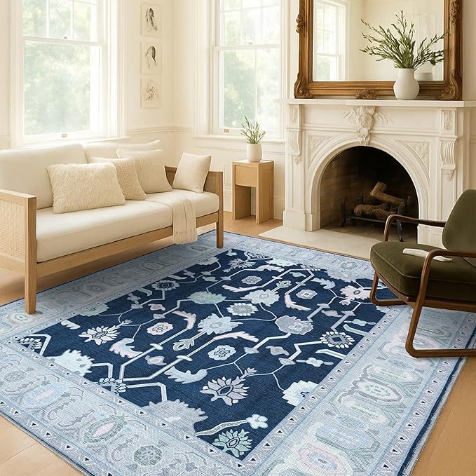 Fame Living Navy Blue Oushak Runner Rug, Modern Runners, Vintage, Turkish, Eclectic, Floral, Pastel, Washable, Long Runner Rugs for Hallway, Kitchen, Living Room, Bedroom, Kitchen, Bathroom, 2'5"x13'