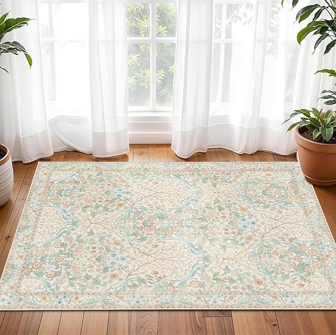 MUJOO 2x3 Washable Rug,Floral Small Area Rugs for Bathroom Entryway Entry Bedroom Bedside,Boho Front Door Mat Indoor Entrance Throw Carpet Neutral Vintage Non Slip Ultra-Thin Light Green and Beige