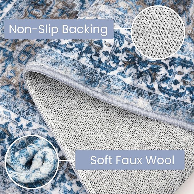 KOZYFLY Boho Area Rug 3x5 Ft Rugs for Entryway Washable Entry Rug Non Slip Door Mat Indoor Entrance Blue Printed Faux Wool Vintage Kitchen Rug Throw Rugs for Entrance Kitchen Living Room