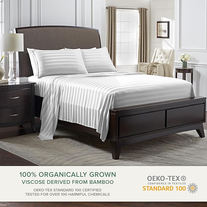 Pure Bamboo Queen Sheets, Genuine 100% Organic Viscose Derived from Bamboo Bed Sheet Set, Luxuriously Soft & Cooling, Double Stitching, 2 Year Quality Promise (Queen, Jacquard White)