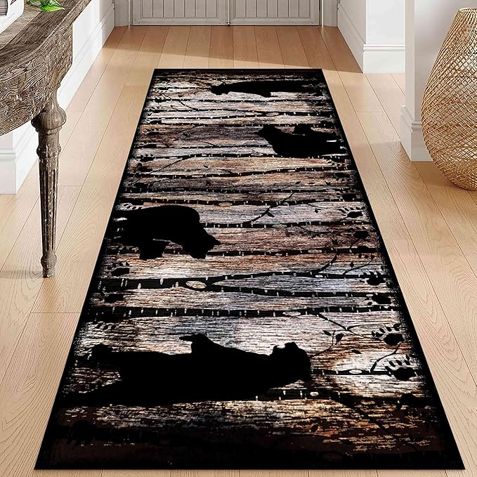 Wildlife Bear Runner Rug, 3.3x10ft, Vintage Wood Grain Wild Animal Black Bear Corridor Carpet, Non-Slip Washable Long Runner Rug for Farmhouse, American Country Wood Floor Entrance Rug Door Mat