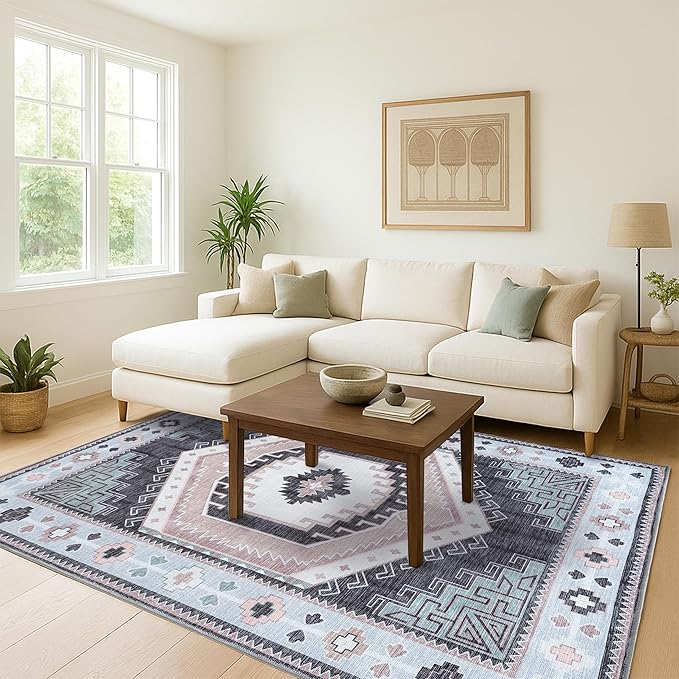 Fame Living Washable Area Rug. Modern Farmhouse. Vintage. Turkish. Bohemian. Distressed. Oriental. Traditional. Rugs for Living Room. Dining. Bedroom. Office. Entryway. (856BlckGry, 5'9" x 8'9")