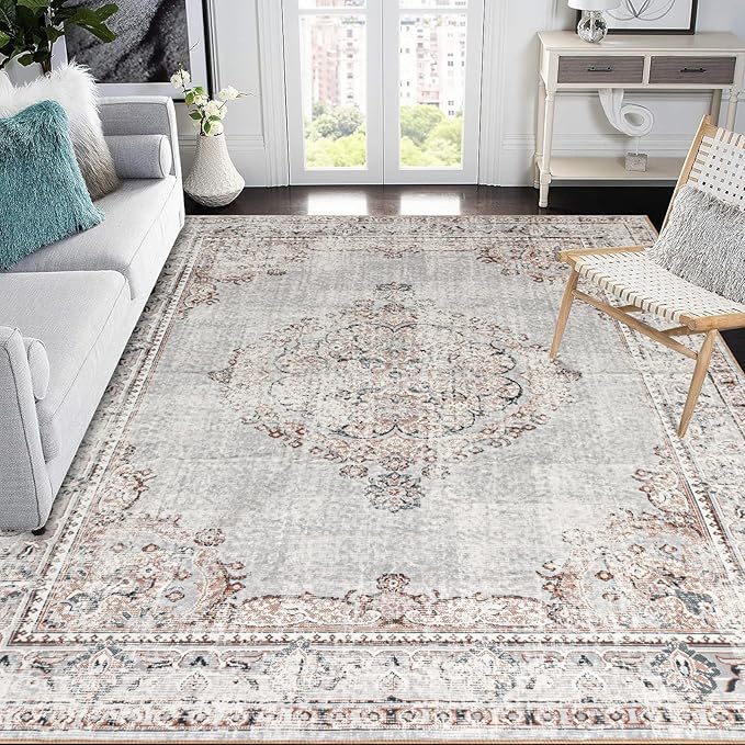 Easy-Going Area Rug 5x7 Washable Boho Rugs for Living Room Non-Slip Bedroom Rug Low Pile Lightweight Vintage Distressed Throw Rug for Dining Room Kitchen Home Office Carpet, Grey Brick