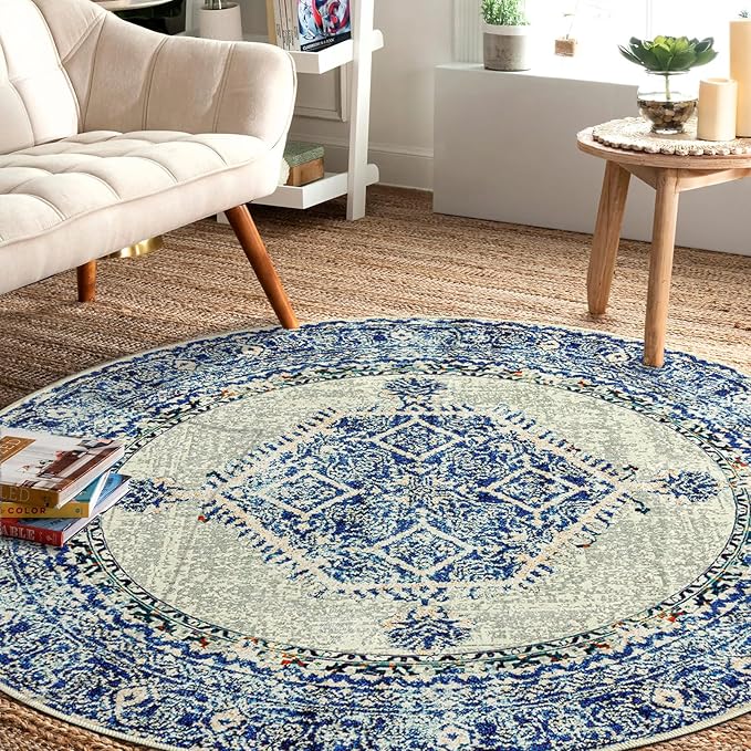 Easy-Going Round Rug 5ft Area Rug Washable Boho Circle Rugs for Living Room Non-Slip Bedroom Rug Low Pile Lightweight Medallion Distressed Throw Rug for Dining Room Kitchen Office, Vintage Blue Cream
