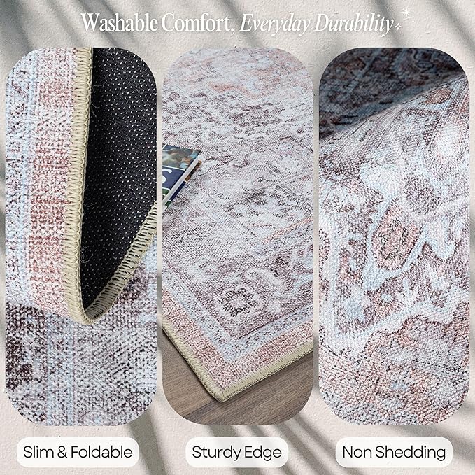 Fame Rugs Turkish Rug. Washable Vintage Oriental Antique Inspired Traditional Doormat Small Modern Area Rugs Luxury Entryway Entry Bedroom Bathroom Kitchen (392TW, 2'5 x 6'9)