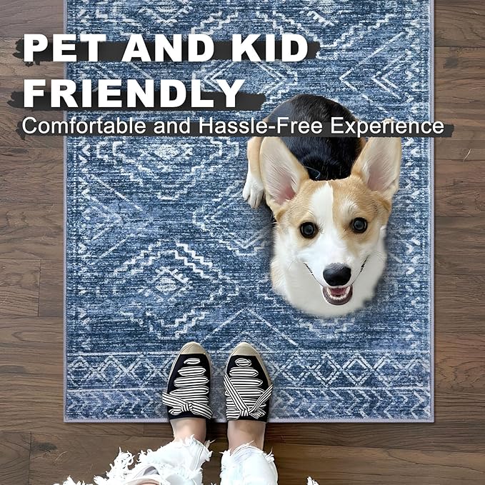 KILOCOCO Area Rug 4'x6' Entryway Rug Washable Bedroom Rugs Non Slip Printed Boho Low-Pile Rubber Backed Blue Soft Rugs for Kitchen Living Room Dining Geometric Moroccan Carpet, Stonewashed Blue