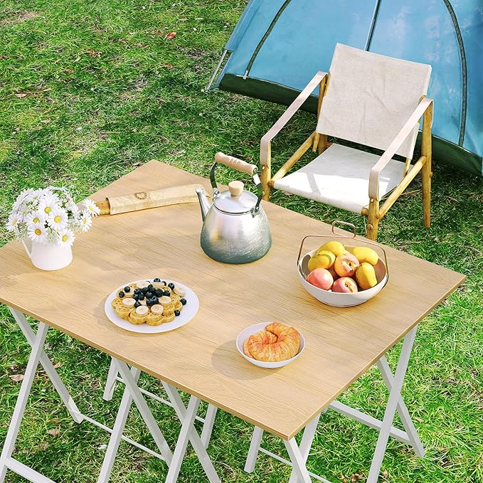 HOOBRO Folding TV Tray Tables, Set of 4 TV Trays with Storage Rack, Industrial Side Table for Eating at Couch, Foldable Snack Table for Small Space, Easy Assembly, Natural and White, WN50BZ01