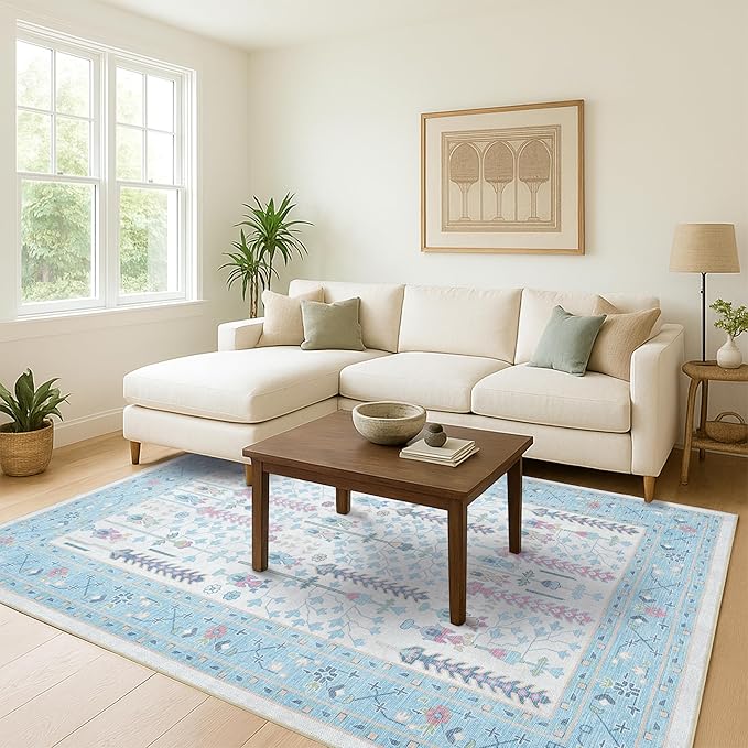 Fame Living Cream Blue Oushak Rug, Modern, Vintage, Turkish, Eclectic, Floral, Pastel, Washable, Area Rugs for Living Room, Dining, Bedroom, Nursery, Girls, Boys, 5'9"x8'9"