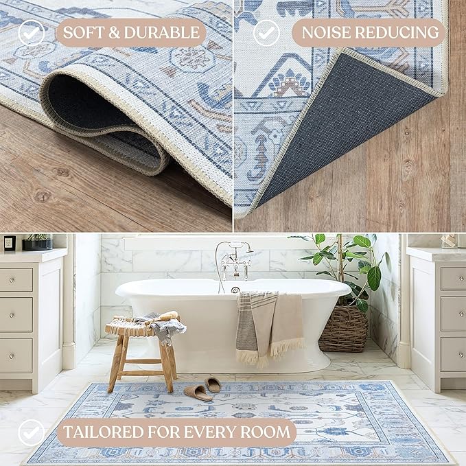 Fame Living Cream Blue Oushak Runner Rug, Modern Runners, Vintage, Turkish, Eclectic, Floral, Pastel, Washable, Long Runner Rugs for Hallway, Kitchen, Living Room, Bedroom, Kitchen, Bathroom, 2'5"x13'