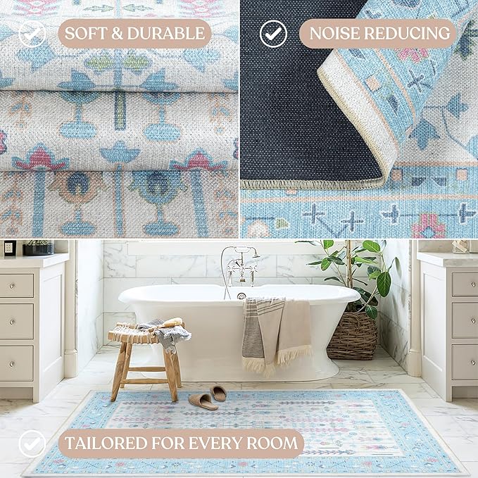 Fame Living Cream Blue Oushak Rug, Modern, Vintage, Turkish, Eclectic, Floral, Pastel, Washable, Area Rugs for Living Room, Dining, Bedroom, Nursery, Girls, Boys, 5'9"x8'9"