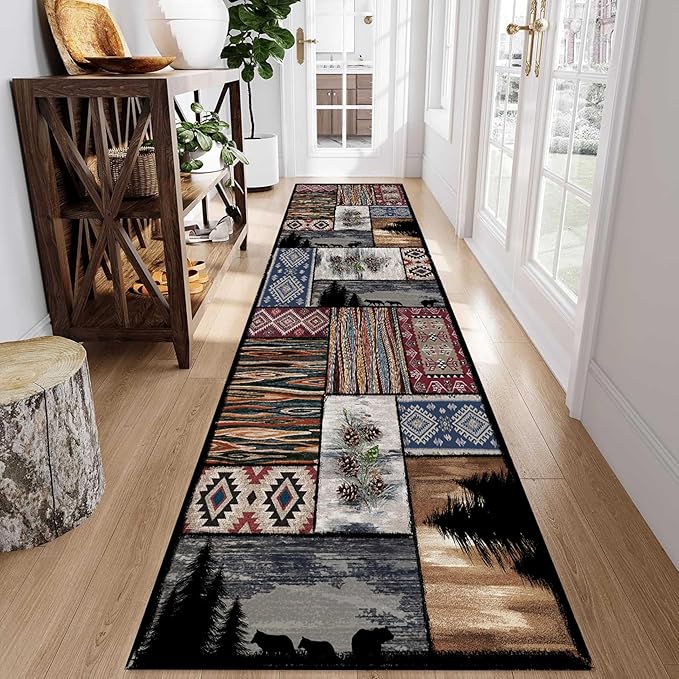 Rustic Country Woodland Animal Bear Wolf Multicolor Country Rug, 2.6x10ft, Southwestern Native American Hunting Hallway Carpet, Washable Fade Resistant Throw Rug