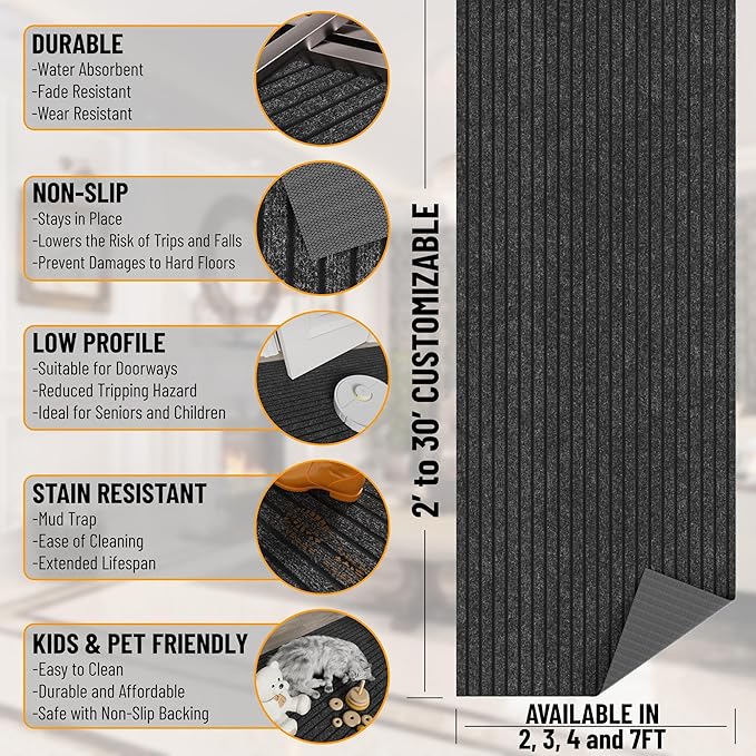 Ottomanson 2'7" x 27' Hallway Runner with Scraper Pile - Extra Durable Non-Slip Rug Mat for Indoor & Outdoor Use - Ideal for Kitchen, Entryway & Garage - High-Traffic Carpet, Black