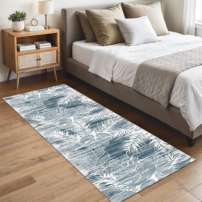 Blue White Tropical Runner Rug 2.6x10ft - Indoor Outdoor Non-Shedding Washable Carpet, Soft Durable Floor Mat for Patio, Hallway, Kitchen, Living Room