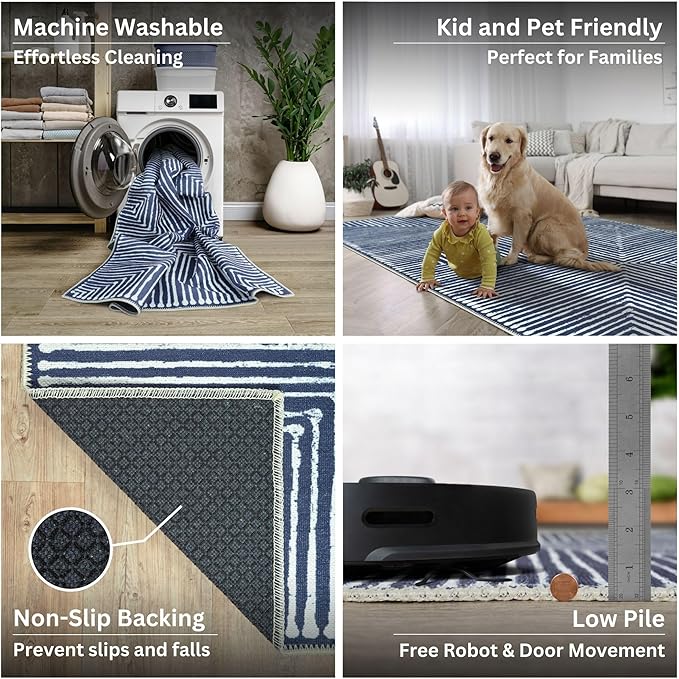 Bloom Rugs Washable Non-Slip 3' x 5' Rug - Blue Striped Area Rug for Living Room, Bedroom, Dining Room, and Kitchen - Exact Size: 3' x 5'