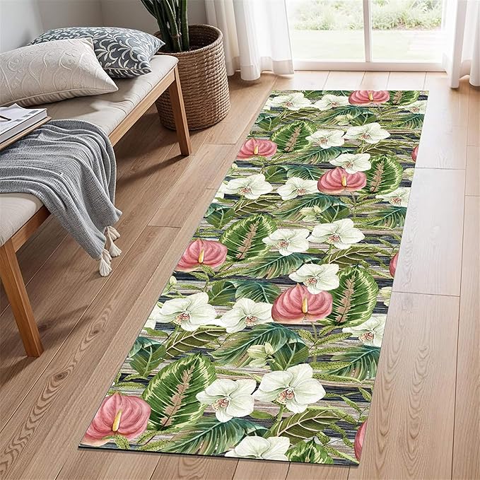 Runner Rug 2.6x7ft Non-Slip - Tropical Floral Watercolor Boho with Orchids & Leaves - Washable Entryway Carpet for Hallway, Bedroom, Dining Room - Green Pink Design