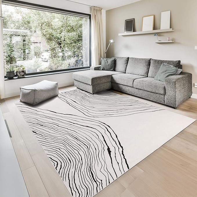 GLN Rugs Contemporary Collection - Machine Washable Area Rug, Contemporary Washable, Non Slip, Low Pile Chenille Rug, Living Room, Bedroom, Kitchen Rug (4' x 6' Beige Black)
