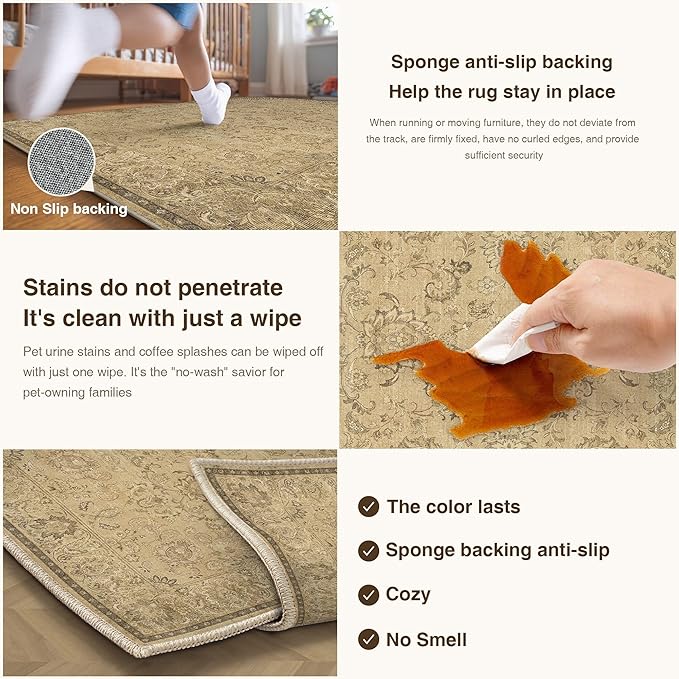 HUGEAR 6x9 Machine Washable Area Rugs Vintage Brown - Neutral Living Room Bedroom Rug Non Slip Stain Resistant Low Pile Aesthetic Throw Carpet Kids & Pet Friendly