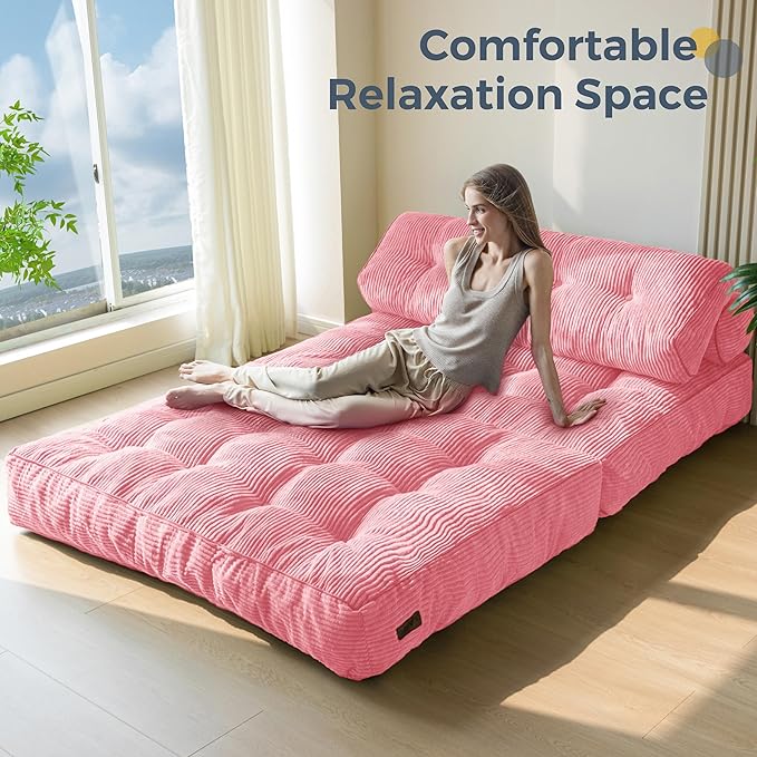 MAXYOYO Folding Sofa Bed, Convertible Chair with Pillow Foldable Couch with Back Support, Portable Fold Out Chair Bed Comfy Floor Sofa Lounge for Living Room Bedroom, Pink Double