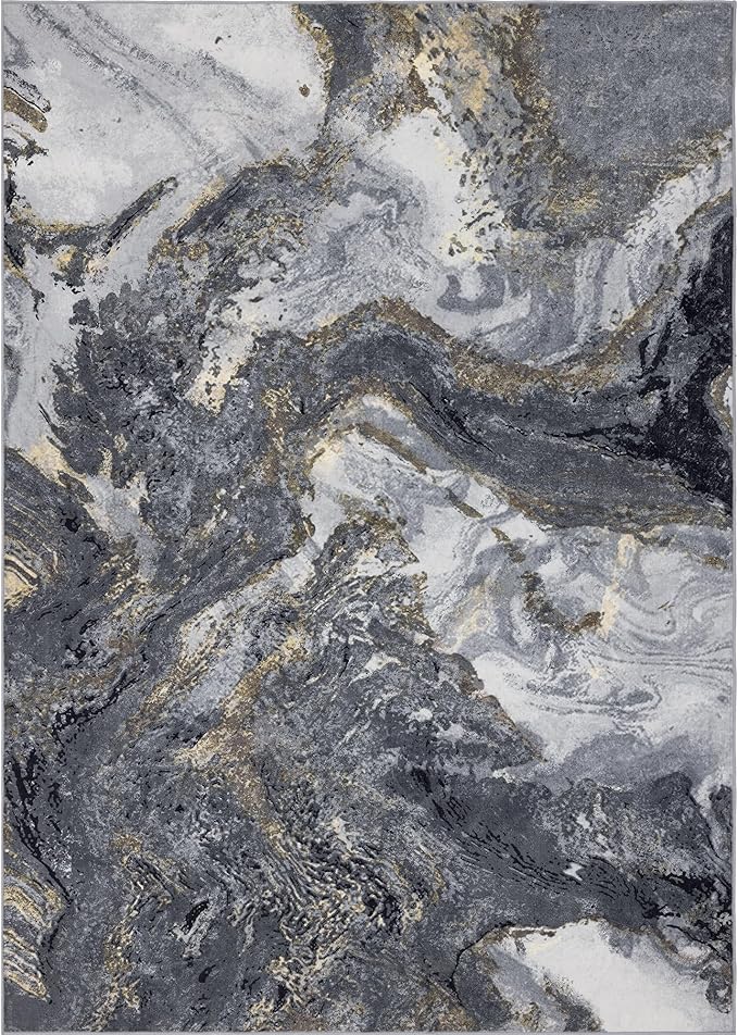 Abstract 2x8 Runner Rug: Modern Washable Rug for Entryway Hallway Bedside Kitchen Indoor - Non Slip Thin Low Pile - Black Gold
