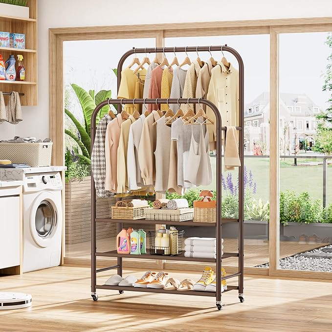 HOMIDEC Double Rods Clothes Rack Clothing Rack with 3 Tier Storage Shelves Clothes Rack for Hanging Clothes Multifunctional Heavy Duty Clothes Organizer for Bedroom,Wardrobe Closet,Shop,Brown