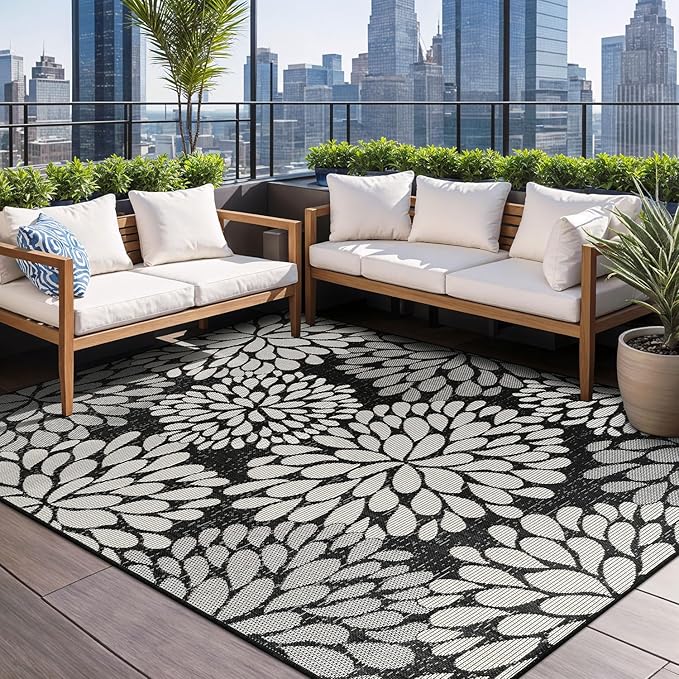 Beverly Rug Outdoor Rug 8x10 Modern Exotic Tropical Leaf Area Rugs for Indoor and Outdoor Patio Deck Porch Garden Water Resistant Washable Outside Carpet (8 x 10 Dark Gray)
