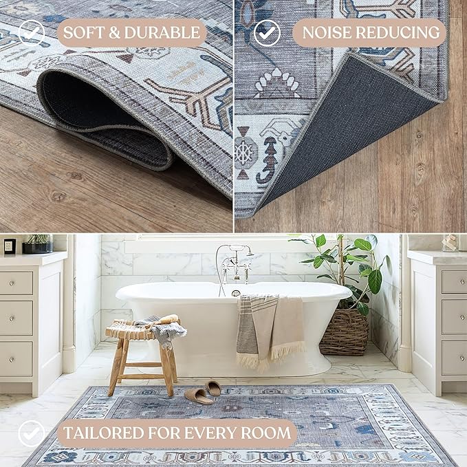Fame Living Grey Oushak Rug, Modern Rugs, Vintage, Turkish, Eclectic, Floral, Pastel, Washable, Small Throw, Accent Area Rug for Living Room, Bedroom, Kitchen, Bathroom, 2'5"x4'9