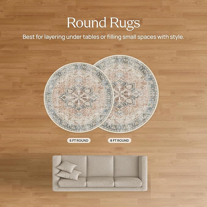 RUGGABLE Washable Vintage Area Rug – Verena Dark Wood 8 ft Round, Stain-Resistant, Non-Slip – Large Machine Washable Rugs for Living Room, Bedroom, Hallway, Entryway & Office–with Standard Pad