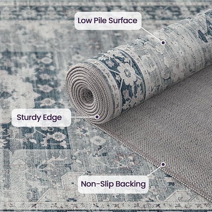 DEXI 4x6 Area Rug for Living Room, Washable Vintage Farmhouse Thin Rug Indoor Floor, Non Slip Stain Resistant Low Pile Carpet for Dining Room Bedroom Office, Blue Grey