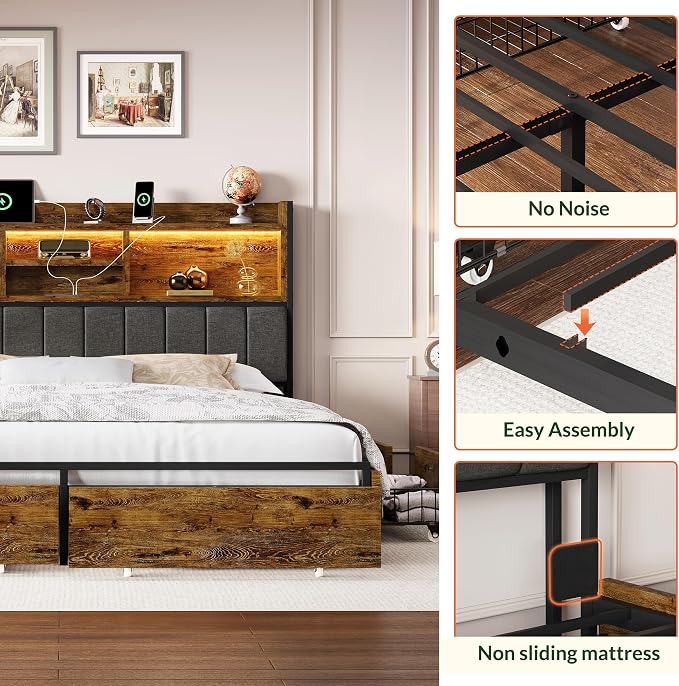 LARMACE King Bed Frame with 6 Storage Drawers, Bed Frame King Size with Linen