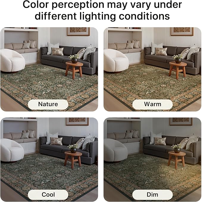 Bavni Round Rug 6ft-Machine Washable Area Rugs Non-Slip for Bedroom, 6x6 Vintage Floral Rug Distressed Throw Carpet for Living Room Nursery Kitchen Bathroom, Dark Green/Multi
