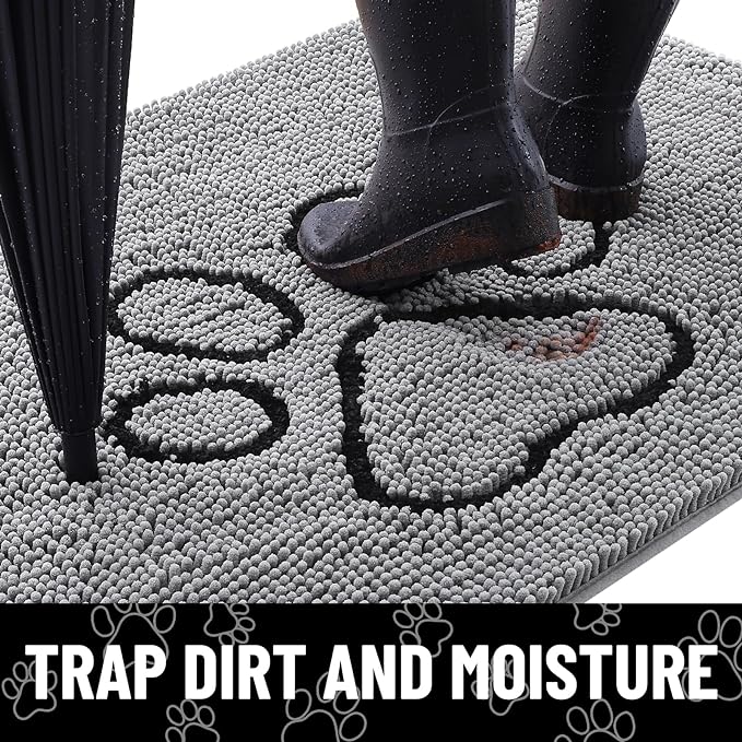 Smiry Dog Door Mat for Muddy Paws, Absorbent Dirt Trapper Non Slip Quick Dry Washable Chenille Mat for Mud Dogs, Entry Rug for Indoor and Outdoor (47x24 Inches, Grey and Black)
