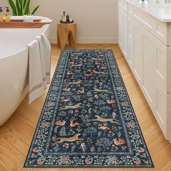 DUKINO 2x6 Rug for Hallway, Washable Kitchen Runner Rug with Non Slip Backing, Soft Low Pile Vintage Animal Runner for Bedroom, Kitchen, Hallway, Entryway, Laundry, Navy Blue