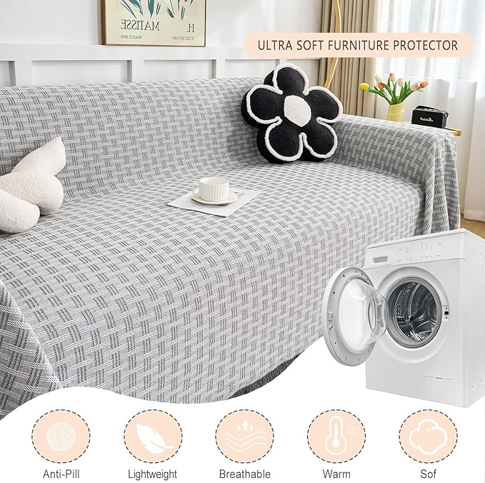 Grey Couch Cover Blanket Cute Geometrical Jacquard Washable Sofa Cover for Extra Large Furniture for 3 Cushion Sofa L Shaped Sectional Couch Blanket 71"x 118"