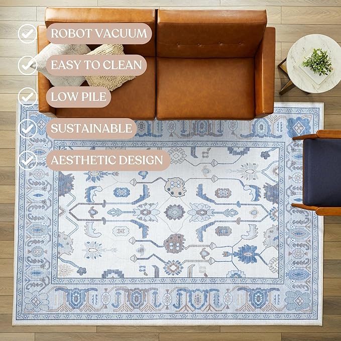 Fame Living Cream Blue Oushak Runner Rug, Modern Runners, Vintage, Turkish, Eclectic, Floral, Pastel, Washable, Long Runner Rugs for Hallway, Kitchen, Living Room, Bedroom, Kitchen, Bathroom, 2'5"x13'