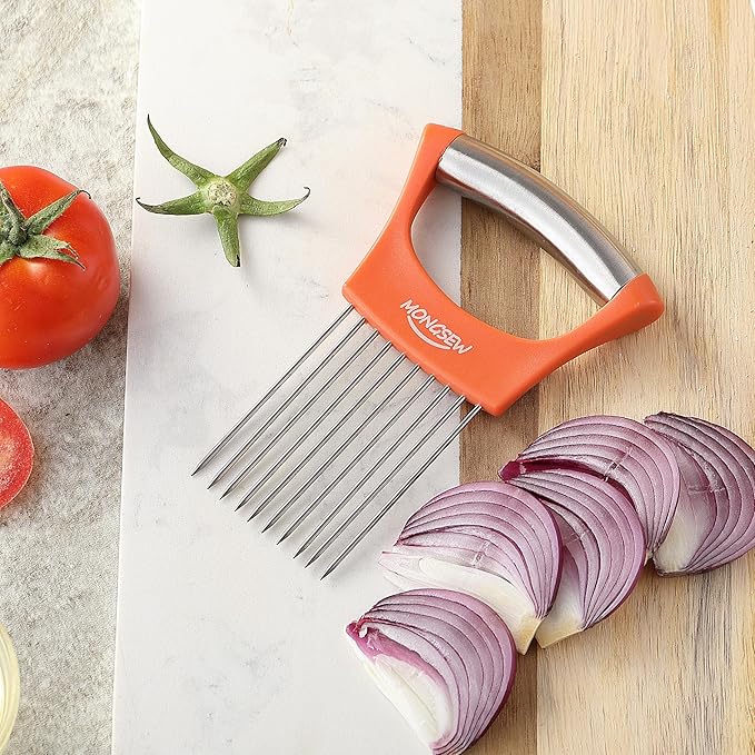 Onion Slicer Holder, MONGSEW Stainless Steel Onion Cutter for Slicing and Storage of Onions, Avocados, Eggs, Dishwasher Safe, Protective Cover Included (Stylish Orange)