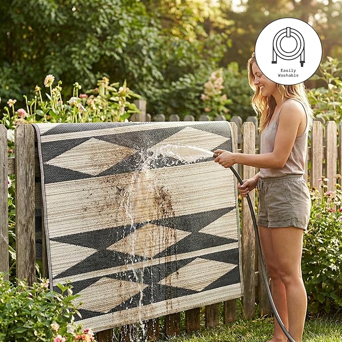 Fab Habitat Outdoor Rug - Waterproof, Fade Resistant, Crease-Free - Premium Recycled Plastic - Neutral Geometric Tribal - Patio, Porch, Deck, Balcony - Cairo - Natural & Black - 5 x 8 ft
