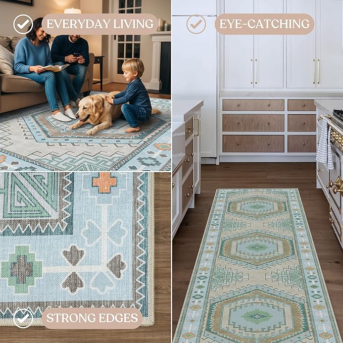 Fame Living Washable Area Rug. Modern Farmhouse. Vintage. Turkish. Bohemian. Distressed. Oriental. Traditional. Rugs for Living Room. Dining. Bedroom. Office. Entryway. Foyer. (856GG, 2'5" x 6'5")